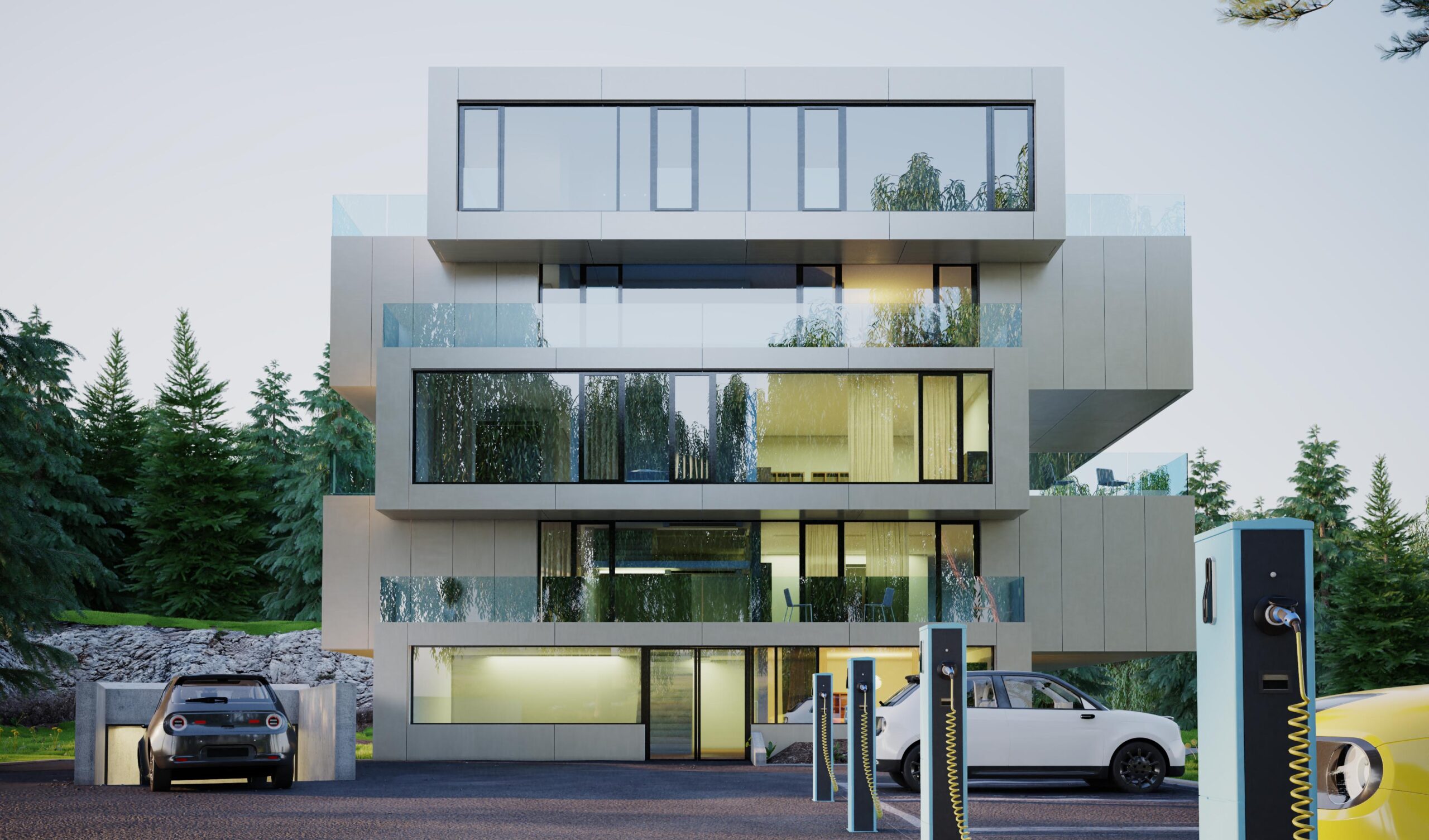 Electric car charging in front of a modern building